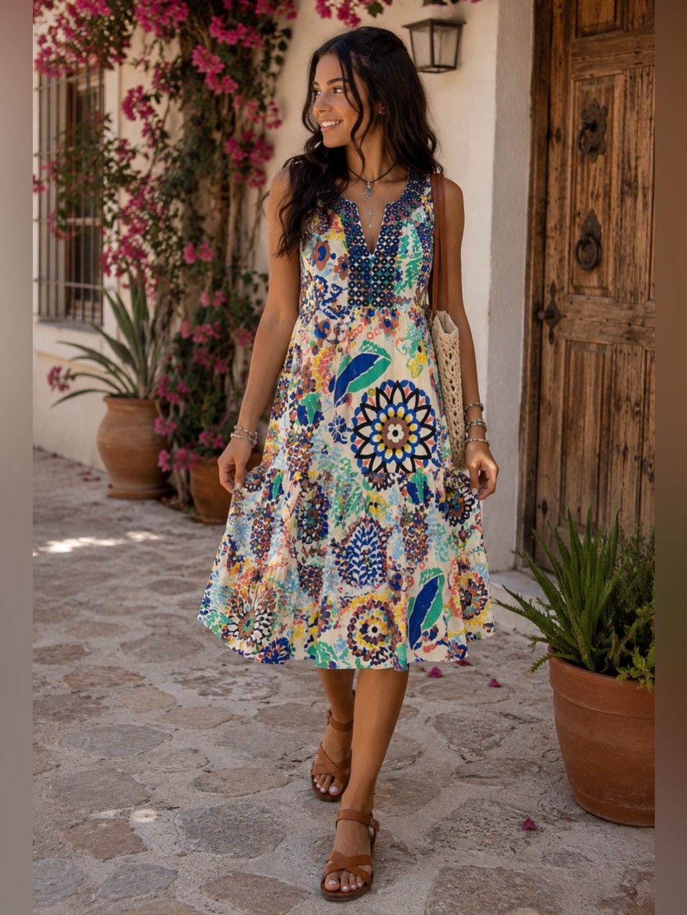 Boden Floral Cotton Embroidered Eyelet Tiered Dress US 2R UK 6R Boho Cottagecore
